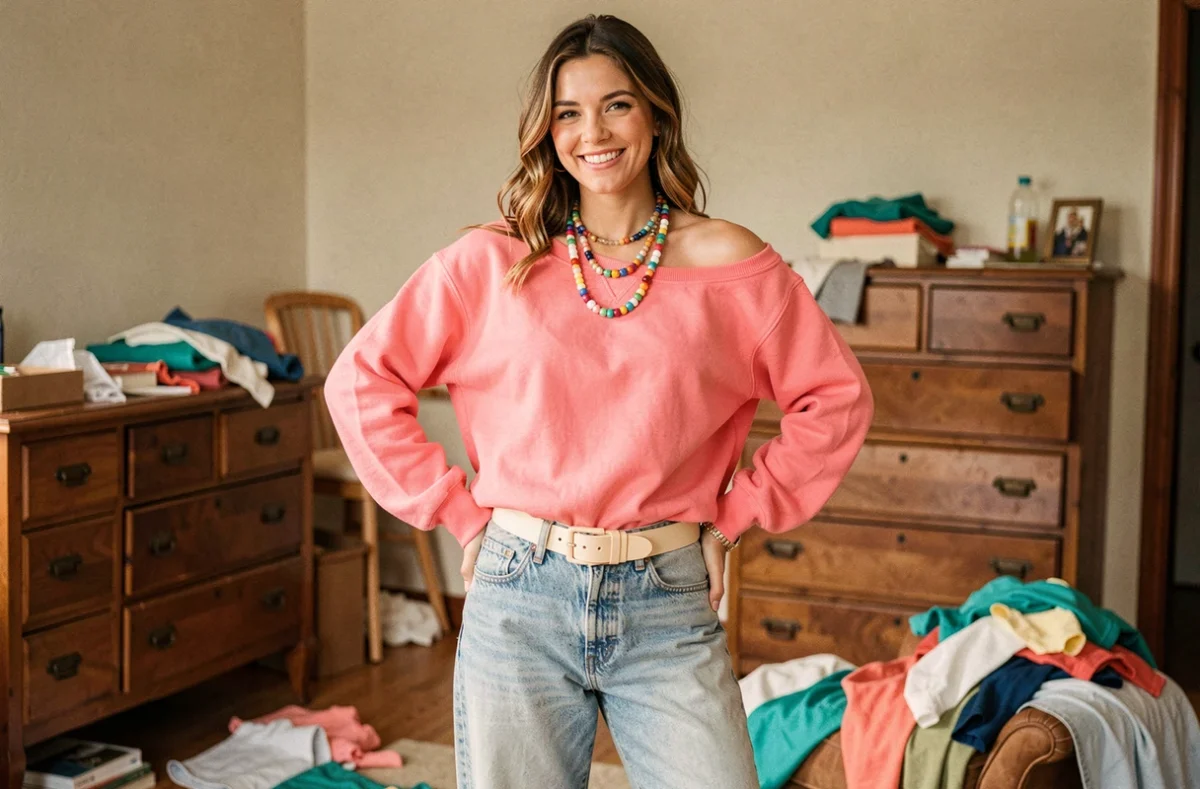 Femme en costume années 80 fait maison avec sweat rose, jean délavé et accessoires colorés recyclés dans un salon vintage