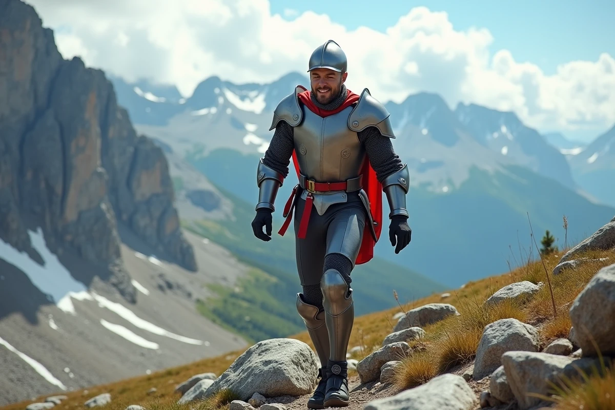 Randonneur en costume de chevalier mal ajusté traversant un cirque rocheux en montagne, illustrant les erreurs de déguisement en trek