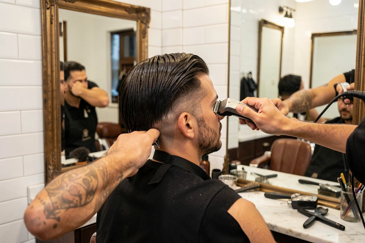 Barbier réalisant un dégradé espagnol précis sur cheveux épais d'un homme méditerranéen, vue de dos