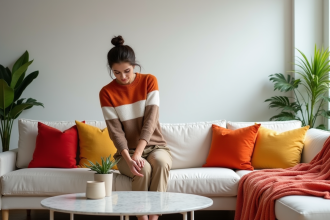 Jeune femme arrangeant coussins colorés dans un salon moderne