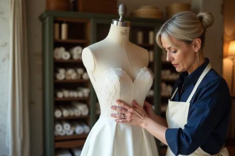 Couturière professionnelle à Reims épinglant une robe de mariée sur un mannequin dans un atelier en pierre