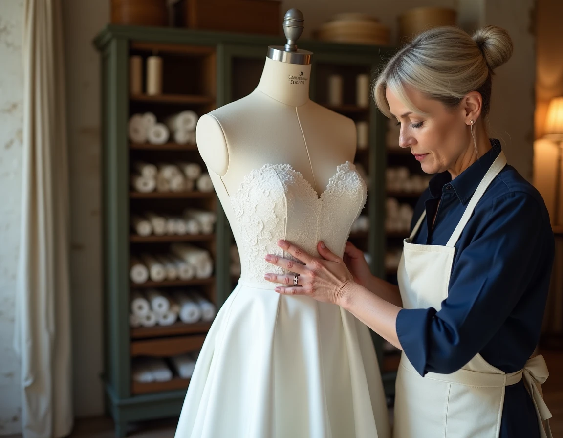 Couturière professionnelle à Reims épinglant une robe de mariée sur un mannequin dans un atelier en pierre