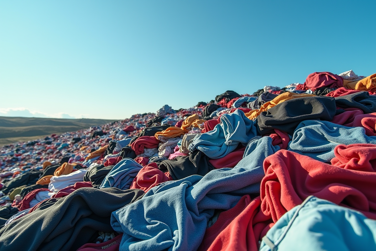 Montagne de vetements jetes en decharge en plein air sous un ciel bleu