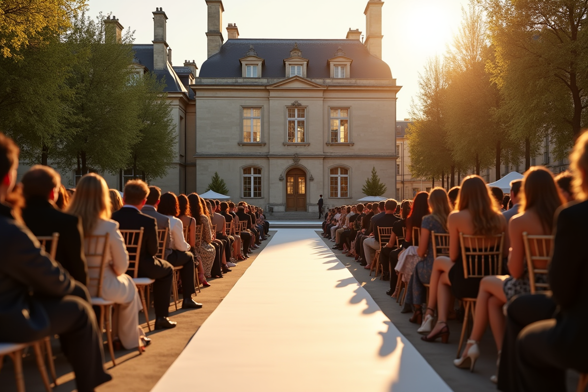 Défilé de mode en extérieur devant un bâtiment parisien historique