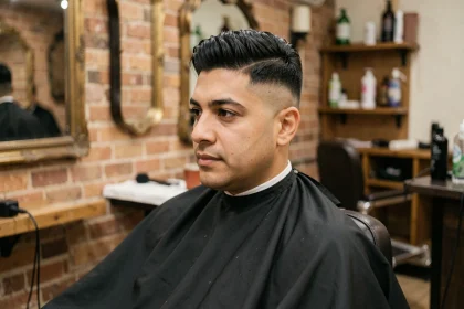 Homme hispanique avec un dégradé espagnol sur cheveux épais, assis dans un fauteuil de barbier moderne