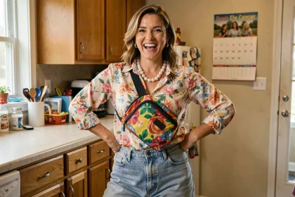 Femme déguisée en beauf avec tenue kitsch récupérée dans son placard dans une cuisine ordinaire