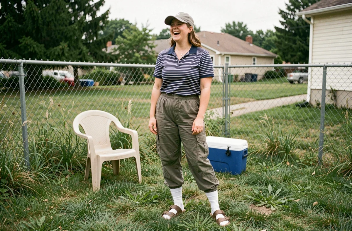 Femme en déguisement beauf express avec sandales et chaussettes hautes dans un jardin de banlieue