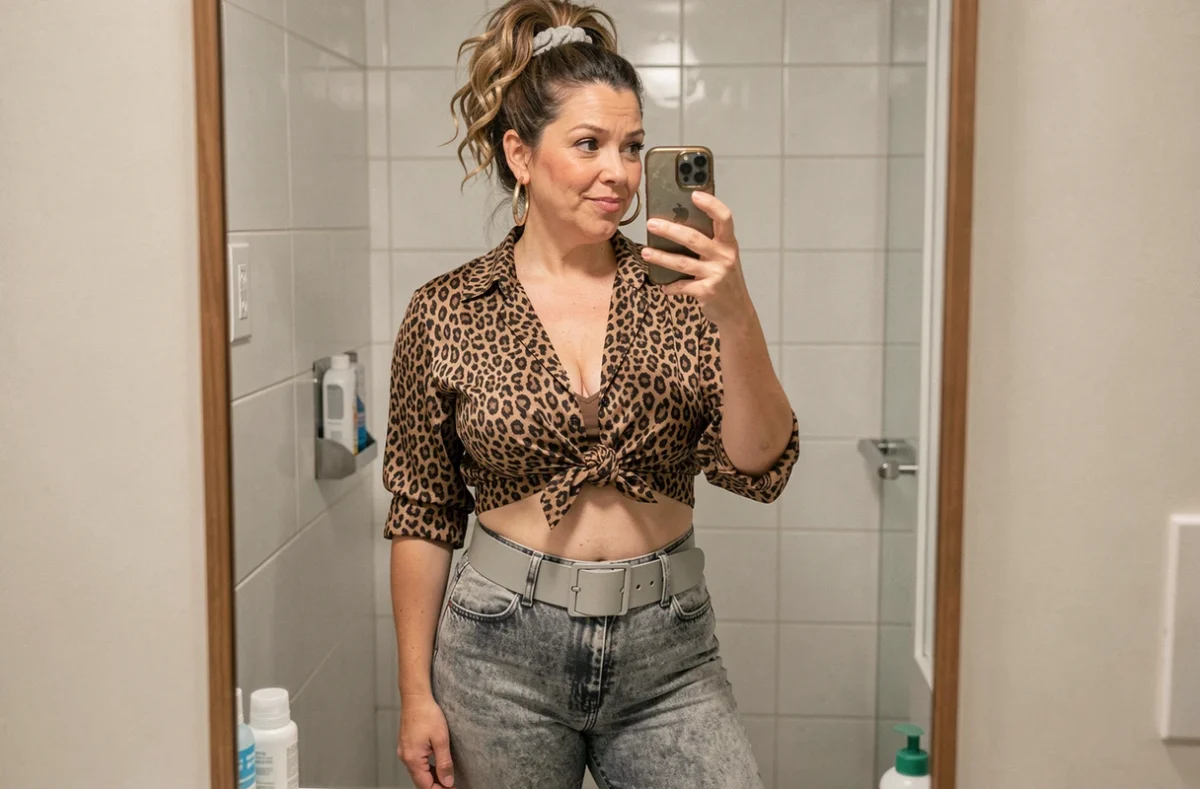 Femme se prenant en photo dans un miroir avec un déguisement beauf maison composé de vêtements du quotidien