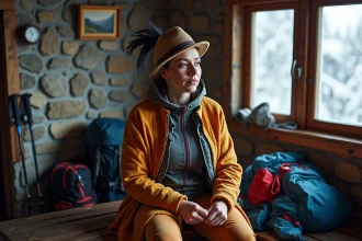 Femme préparant un déguisement pour une randonnée en haute montagne dans un refuge alpin, mêlant costume théâtral et équipement de trek