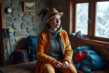 Femme préparant un déguisement pour une randonnée en haute montagne dans un refuge alpin, mêlant costume théâtral et équipement de trek