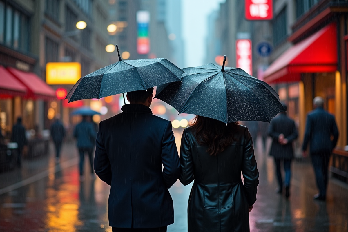 Deux personnes avec parapluies contrastés sur une rue pluvieuse
