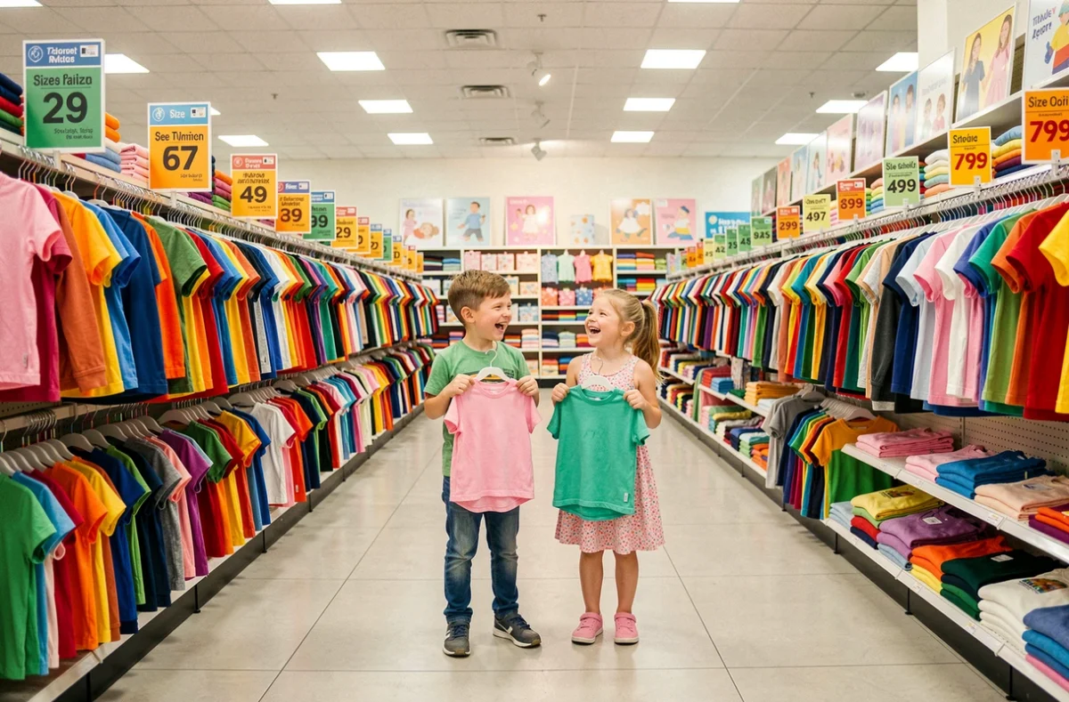 Deux jeunes enfants choisissant des vêtements colorés dans un magasin DPAM à Toulouse