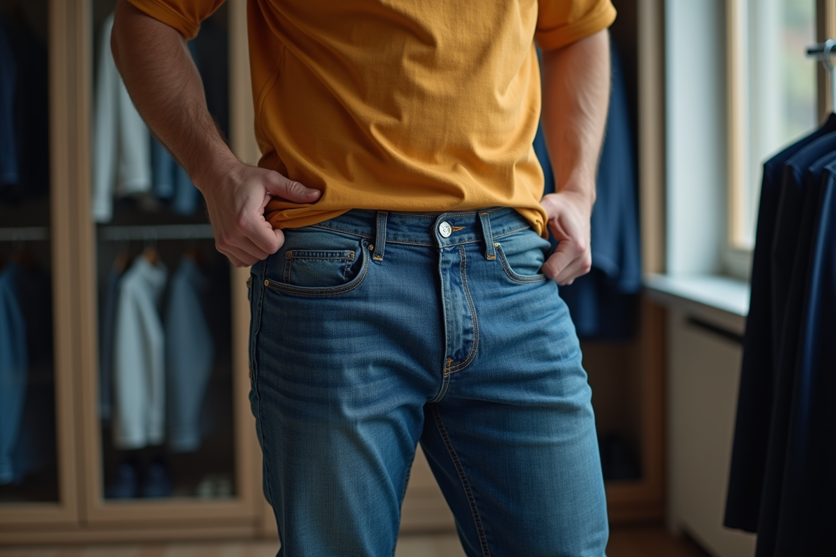 Homme dans dressing moderne essayant un pantalon XXL en denim