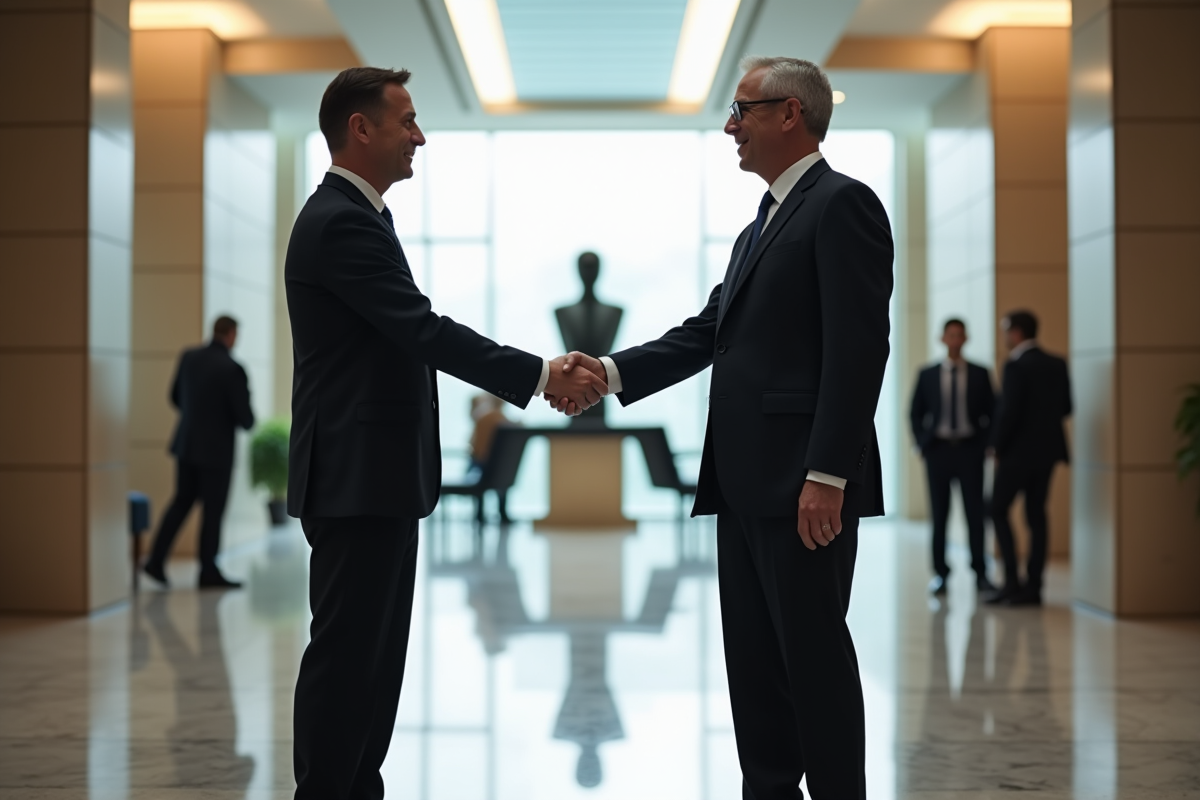 Deux cadres se serrant la main dans un hall élégant