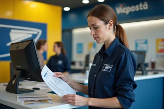 Employée La Poste en uniforme consultant un document sur les allocations vestimentaires au guichet