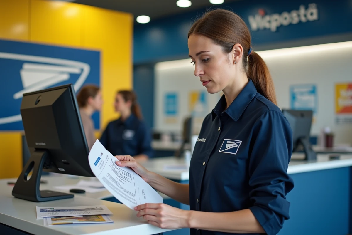 Employée La Poste en uniforme consultant un document sur les allocations vestimentaires au guichet