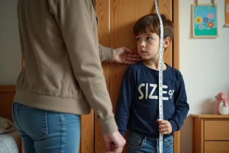 Jeune garçon mesure sa taille avec sa mère dans une chambre chaleureuse