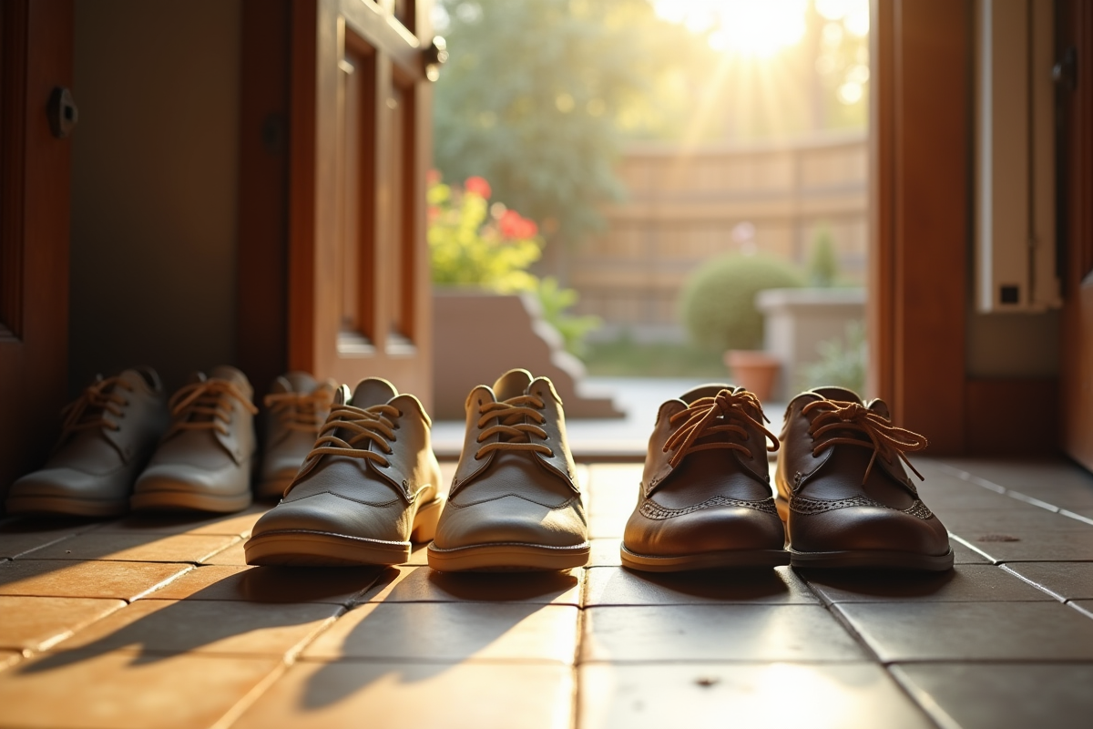 Entrée encombrée avec plusieurs paires de chaussures en condition diverse