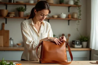Femme entretenant un sac en cuir de marque française avec un produit nourrissant sur une table en bois dans un appartement parisien