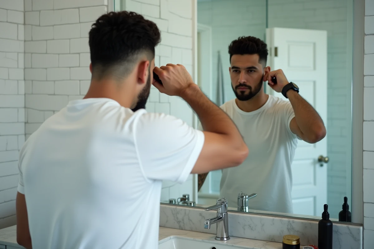 Homme entretenant sa coupe casquette taper fade avec une brosse devant un miroir de salle de bain