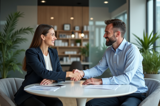 Deux professionnels se serrant la main dans un bureau moderne