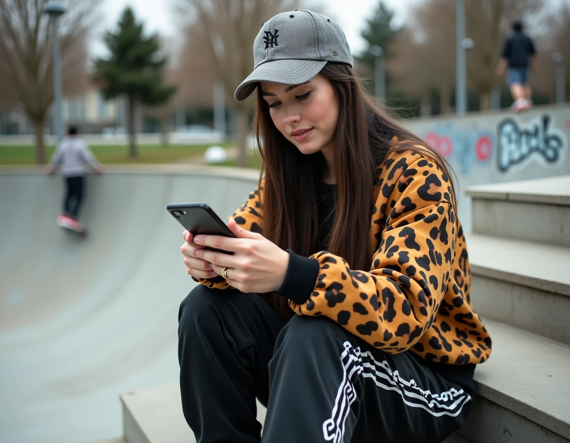 Jeune femme en streetwear avec des pièces mal assorties assise sur des marches urbaines, exemple d'erreurs de coordination vestimentaire dans le style streetwear