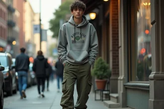 Jeune homme en streetwear mal ajusté dans une rue urbaine, illustrant les erreurs de proportions courantes dans la mode streetwear