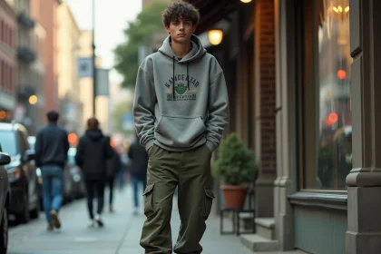 Jeune homme en streetwear mal ajusté dans une rue urbaine, illustrant les erreurs de proportions courantes dans la mode streetwear
