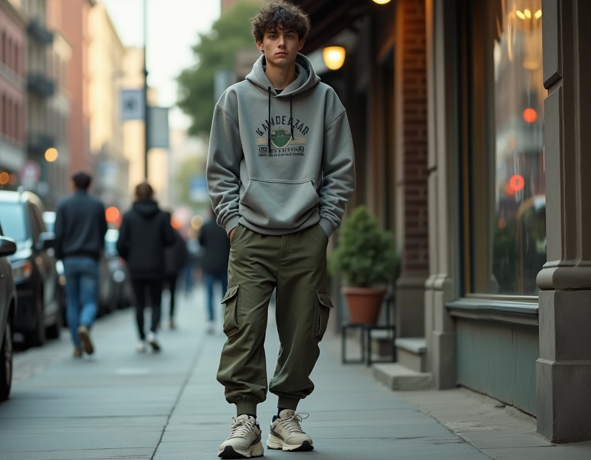 Jeune homme en streetwear mal ajusté dans une rue urbaine, illustrant les erreurs de proportions courantes dans la mode streetwear