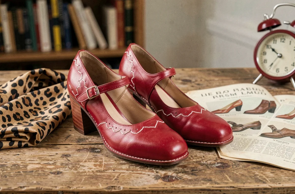 Escarpins rockabilly rouges Mary Jane à talon bloc posés sur un bureau en bois avec catalogue vintage et accessoires rétro