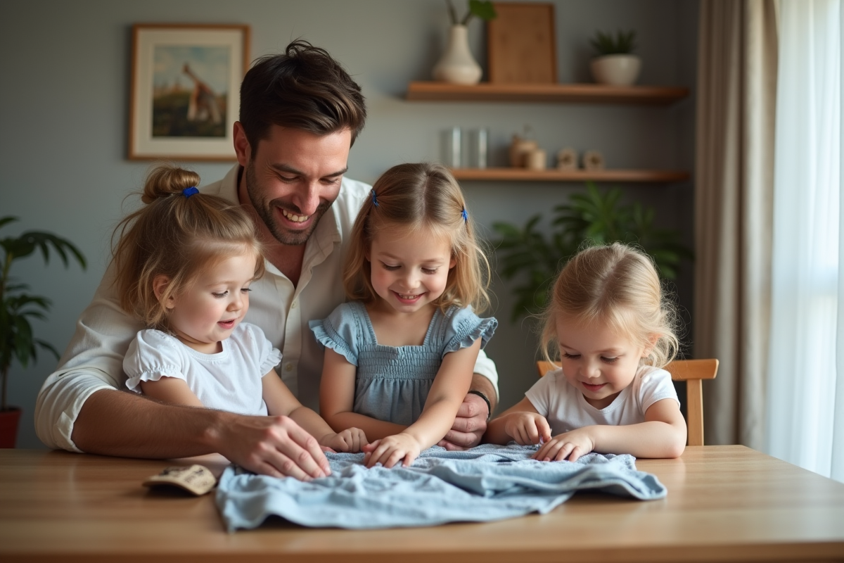Famille heureuse triant vêtements à la maison