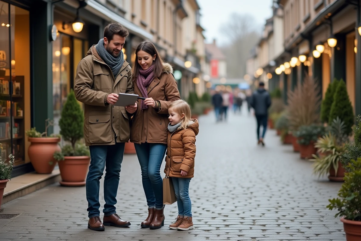Famille avec tablette et shopping au Village des Marques