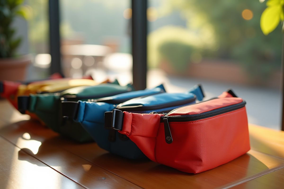 Fanny packs colorés alignés sur une table en bois en intérieur