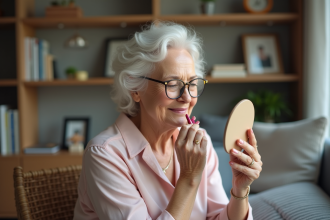 Femme de 70 ans appliquant un rouge à lèvres rose en regardant dans un miroir