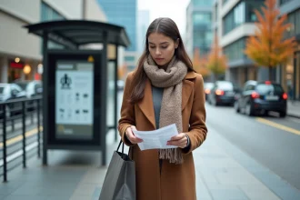 Jeune femme attente bus près du centre commercial