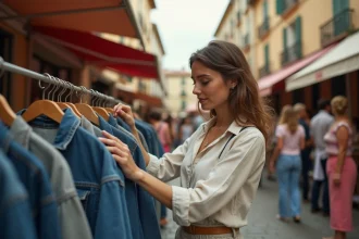 Femme inspectant une veste en jean vintage sur un rack de vêtements à la grande braderie de Montpellier