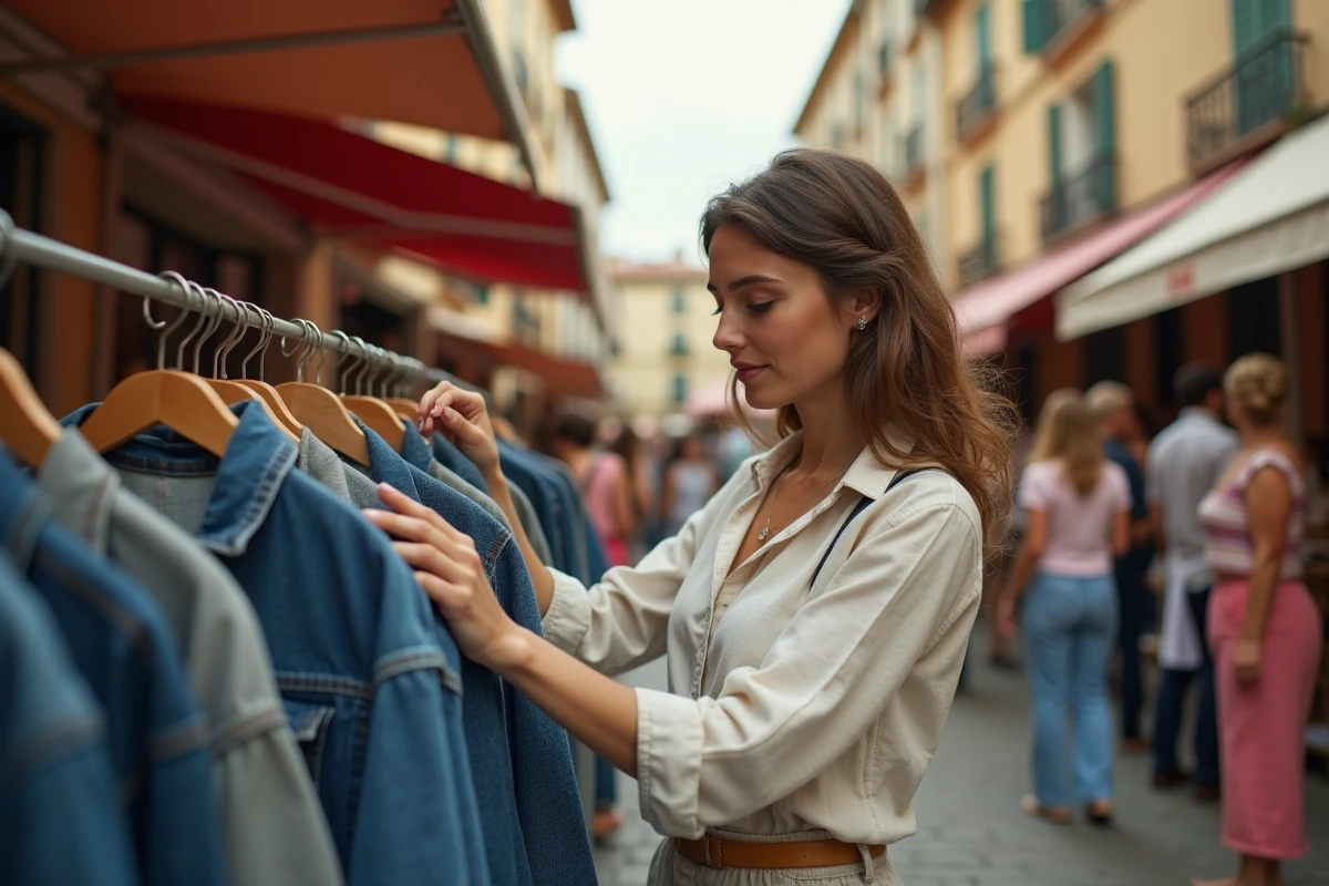 Femme inspectant une veste en jean vintage sur un rack de vêtements à la grande braderie de Montpellier