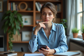 Jeune femme française au bureau cosy et studieux