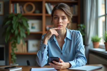 Jeune femme française au bureau cosy et studieux