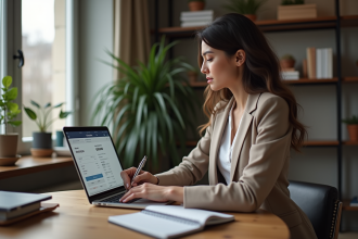 Femme en bureau moderne consulte ses chiffres sur un ordinateur