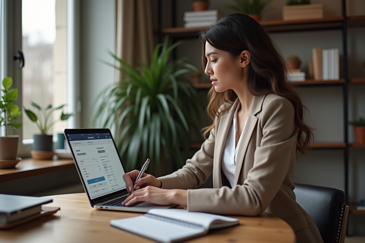 Femme en bureau moderne consulte ses chiffres sur un ordinateur