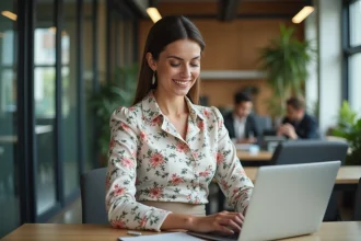 Femme professionnelle en blouse florale au bureau