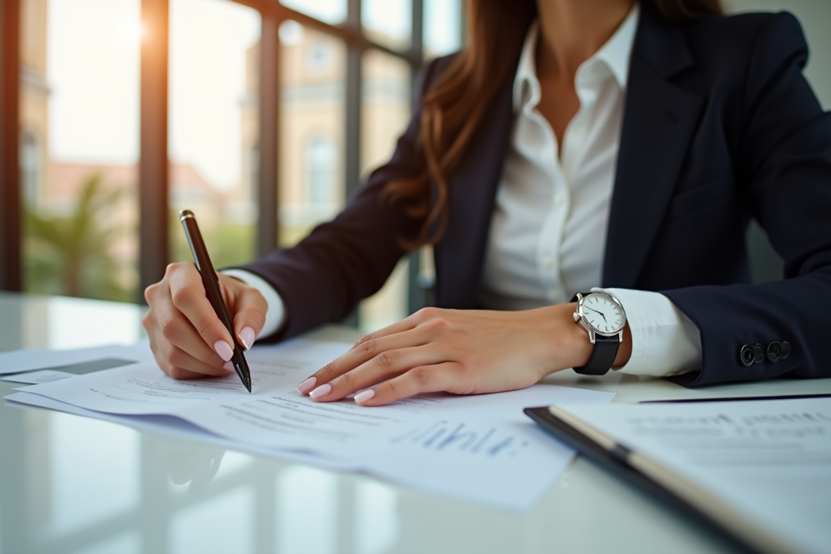 Femme au bureau avec une montre classique visible sur le poignet droit