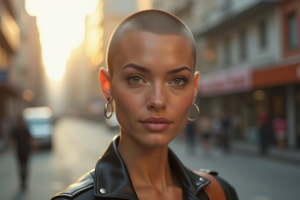 Femme confiante avec coupe buzz en extérieur en ville le matin