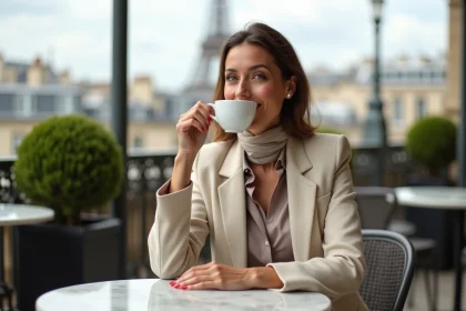Femme élégante sirotant un espresso avec la tour Eiffel en fond