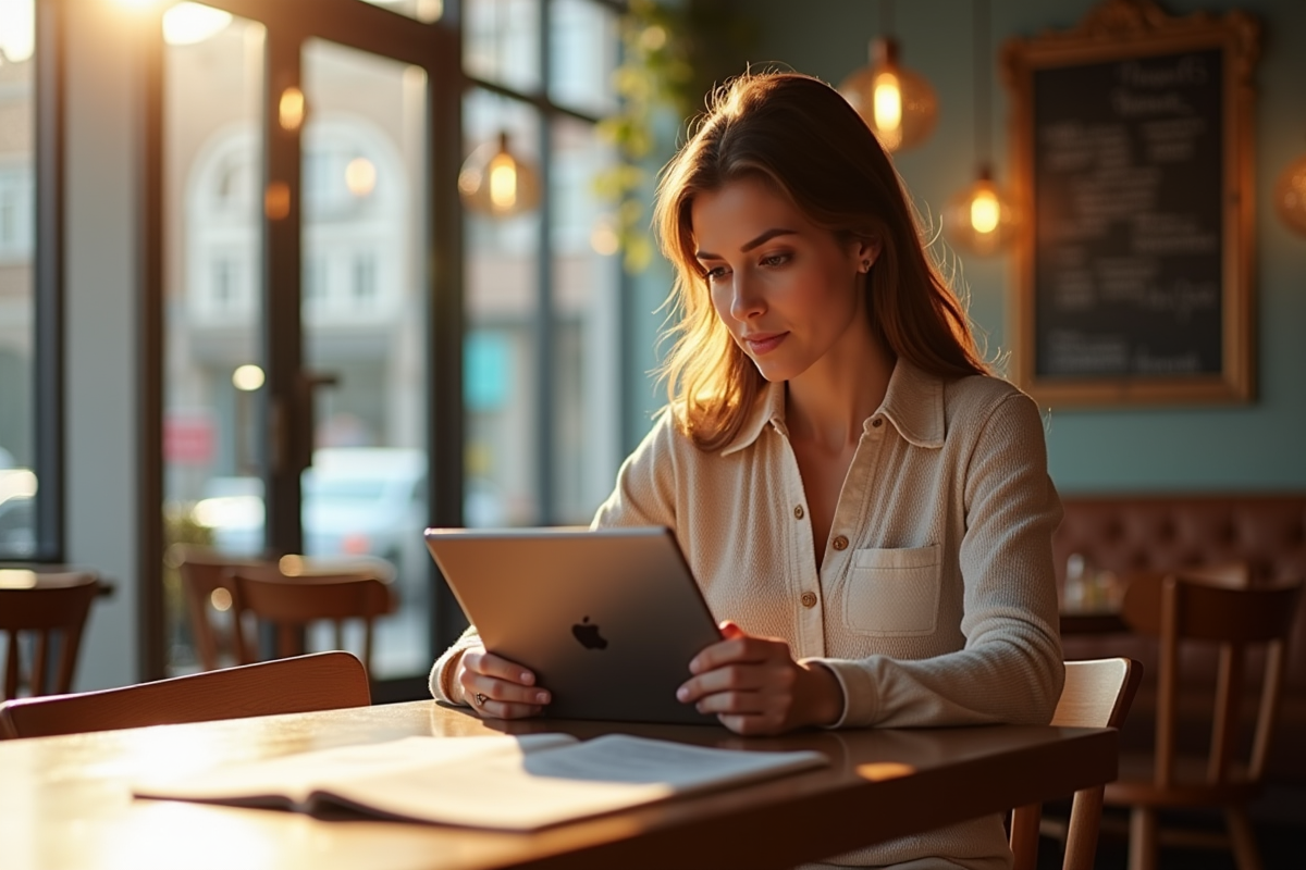 Femme moderne lisant un magazine sur une tablette au café