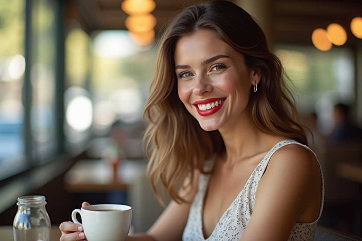 Femme souriante au café avec rouge à lèvres long lasting