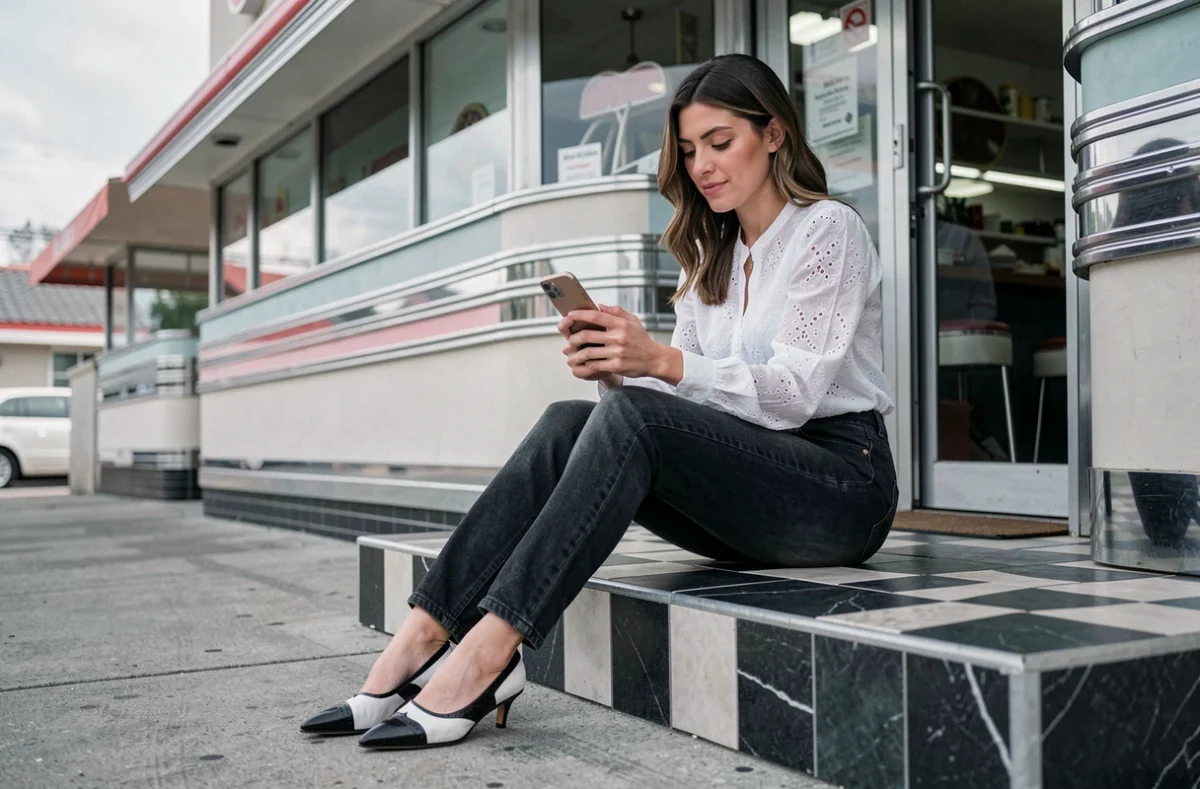 Femme assise devant un diner rétro années 50 portant des chaussures oxford bicolores rockabilly tout en consultant un site de vente en ligne