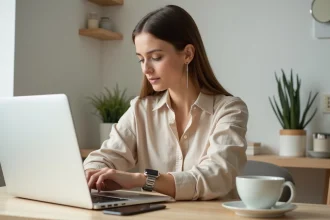 Femme consultant un site de montres tendance sur ordinateur portable avec une montre moderne au poignet