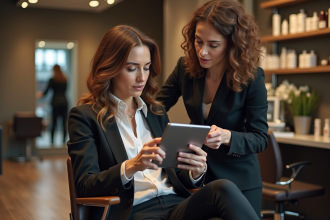 Femme en salon avec coiffeur et tablette